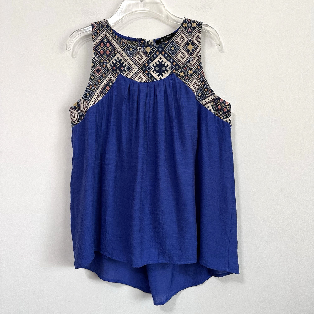 Doe & Rae Cross stitch Needlepoint Swing Tank Top M Blue Tie Back Lined Summer